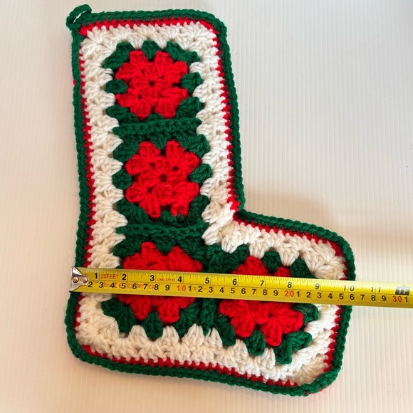 Vintage Crochet Granny Square Christmas Holiday Stocking White Red Green - Picture 6 of 6